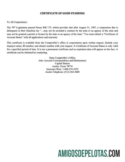 Certificado de boa reputação dos EUA Texas em branco modelo Word e PDF